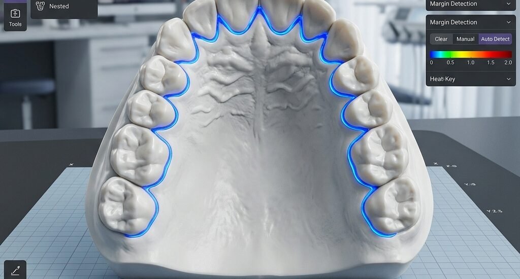 exocad design workflow: margin detection step on an upper arch scan
