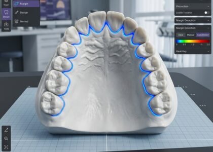 exocad design workflow: margin detection step on an upper arch scan