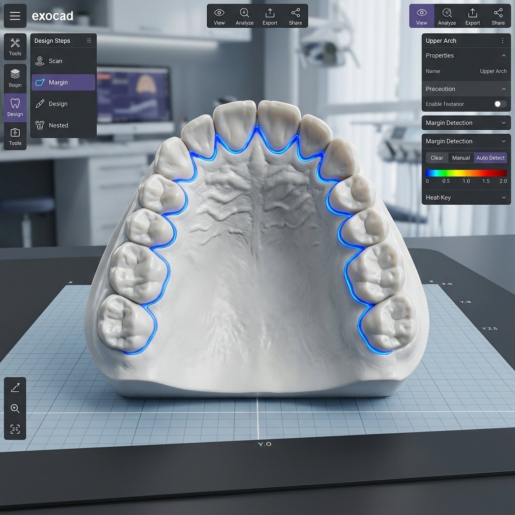 exocad design workflow: margin detection step on an upper arch scan