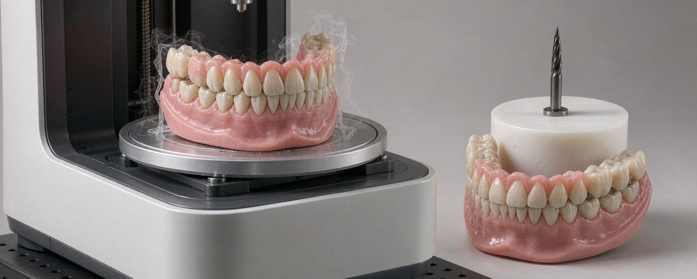 Acrylic denture design compared side by side: a printed denture on a resin printer build plate and a milled denture next to a PMMA puck