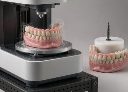 Acrylic denture design compared side by side: a printed denture on a resin printer build plate and a milled denture next to a PMMA puck