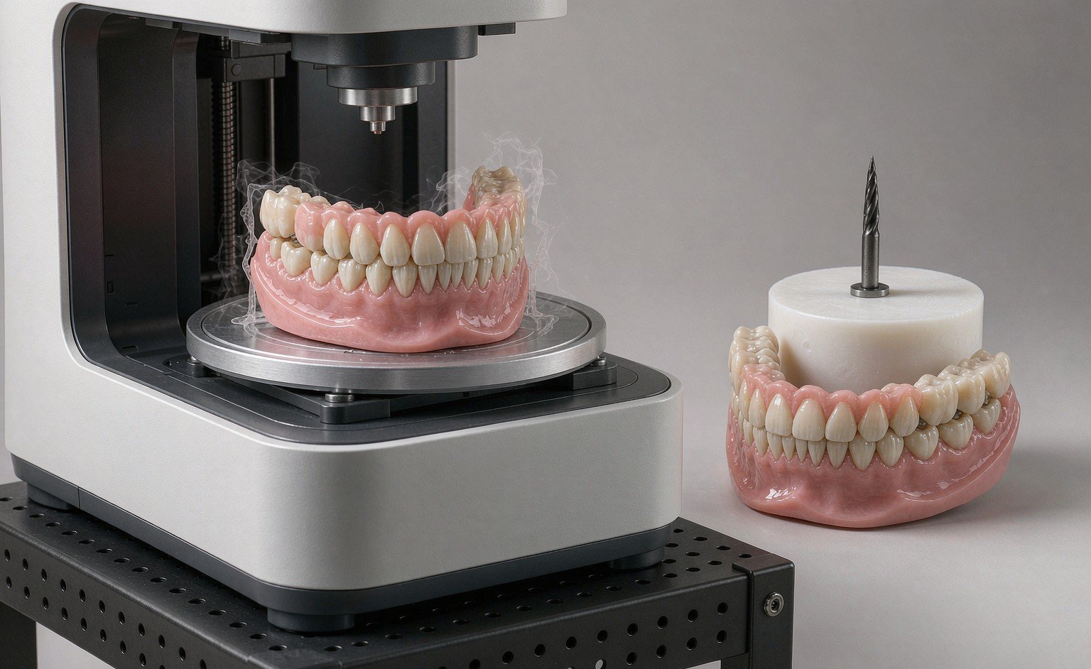 Acrylic denture design compared side by side: a printed denture on a resin printer build plate and a milled denture next to a PMMA puck