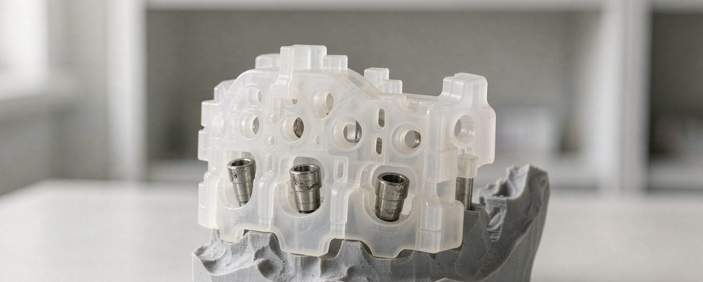 A 3D-printed surgical guide design seated on a grey printed model, with metal drill sleeves set to the implant plan
