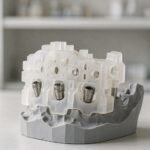 A 3D-printed surgical guide design seated on a grey printed model, with metal drill sleeves set to the implant plan