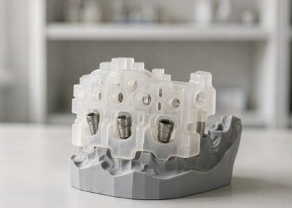 A 3D-printed surgical guide design seated on a grey printed model, with metal drill sleeves set to the implant plan