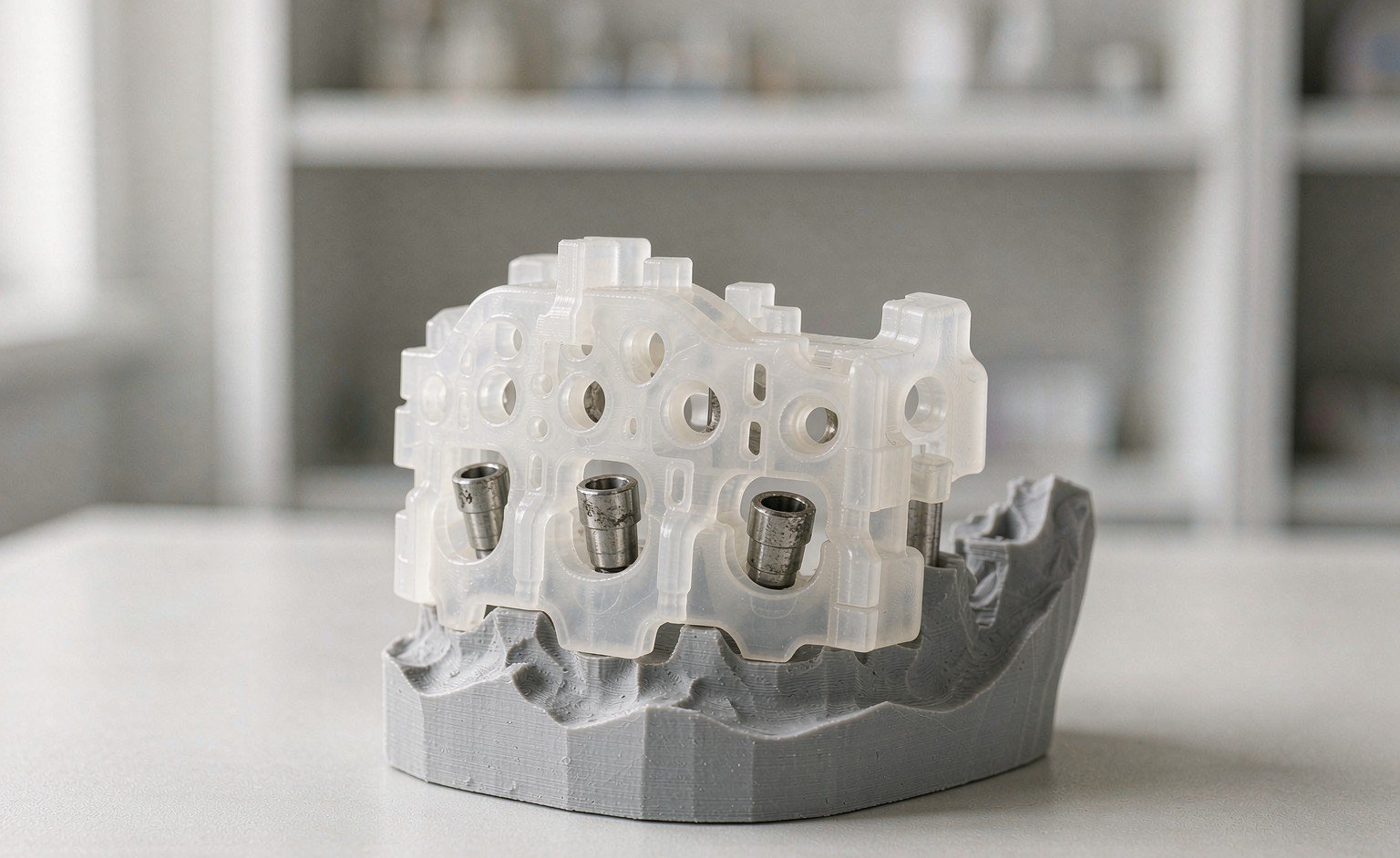 A 3D-printed surgical guide design seated on a grey printed model, with metal drill sleeves set to the implant plan